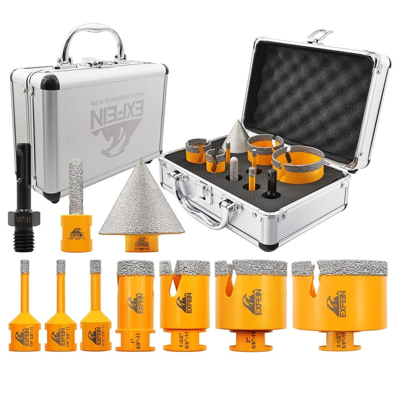 EXFEIN Diamond Tile Hole Saw Kit 10pcs - 6/6/8/25/35/50/65mm Diamond Core Drill Bits with 10mm Finger Bit and 50mm Chamfer Bit Trimming Holes and SDS Adapter for Tile Porcelain Marble - Image 1